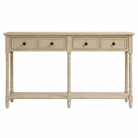 Mesa consola de madera natural con 4 cajones y estante inferior estructura de madera 140 cm x 35 cm x 80 cm aprox Color madera clara