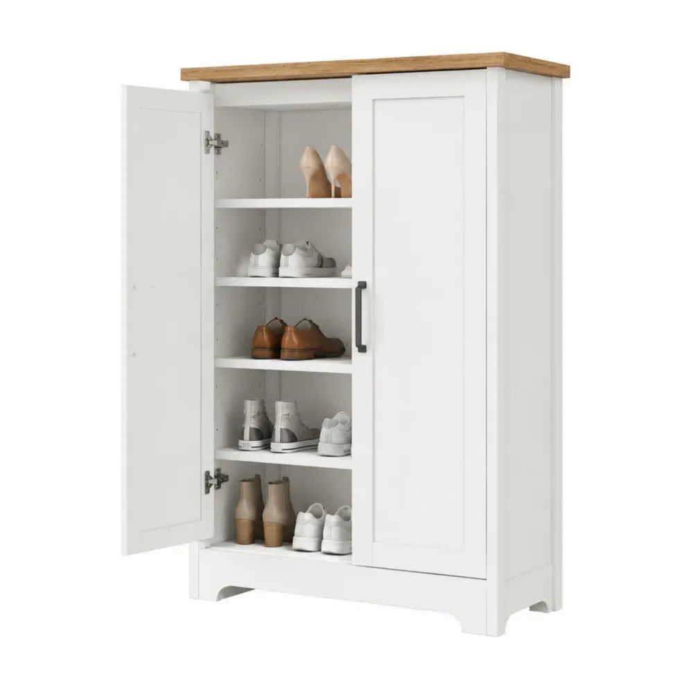 Zapatero armario de 2 puertas MDF con baldas interiores encimera de madera natural blanco 120 cm x 32 cm x 80 cm