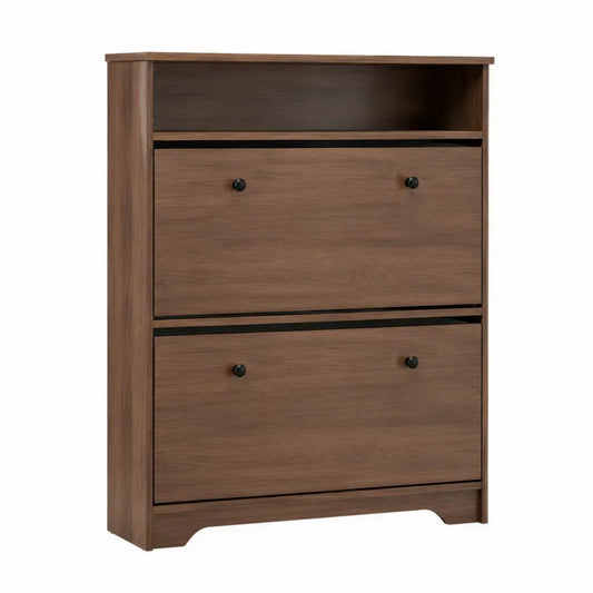 Zapatero de almacenamiento de MDF acabado efecto nogal con 2 compartimentos abatibles estructura de madera Color nogal 120 cm x 32 cm x 100 cm