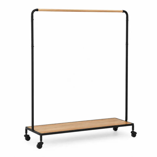 Perchero de pie con ruedas de acero con recubrimiento en polvo barra de bambú estante inferior 110 cm x 45 cm x 160 cm negro natural