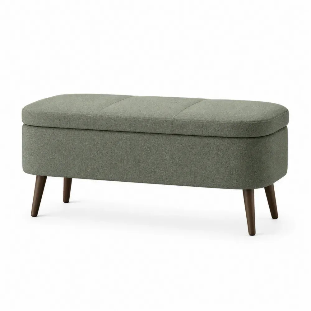 Banco de almacenaje rectangular tapizado en poliéster tipo lino verde oliva con patas de madera marrón 120 x 40 x 45 cm