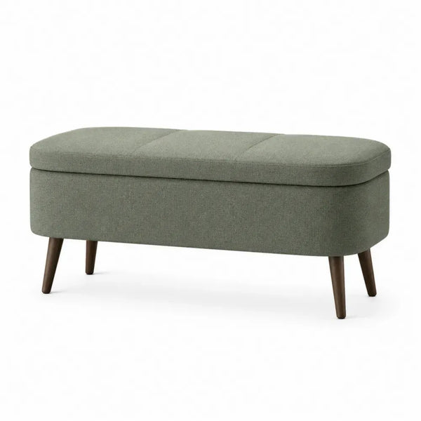 Banco de almacenaje rectangular tapizado en poliéster tipo lino verde oliva con patas de madera marrón 120 x 40 x 45 cm