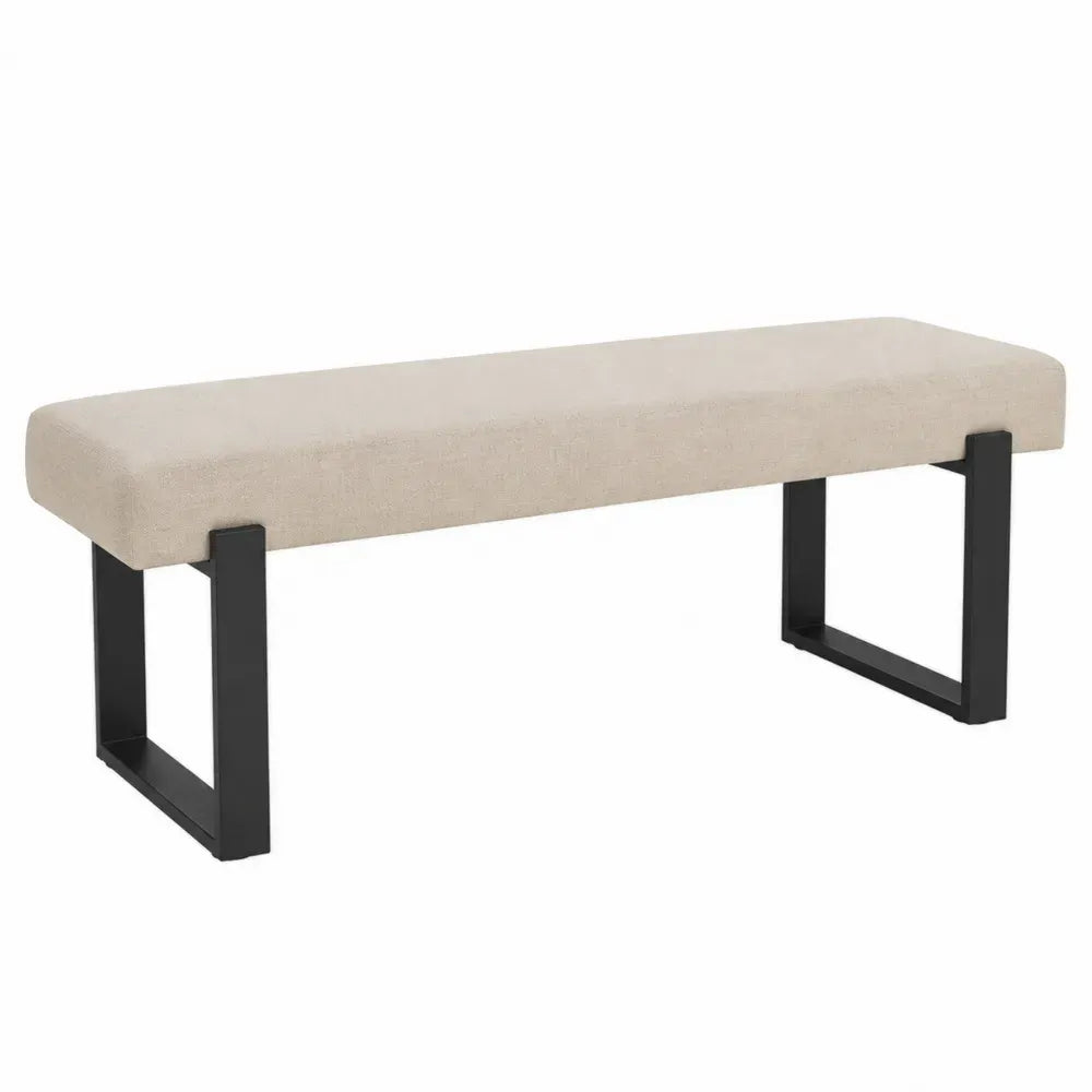 Banco tapizado en tejido de poliéster beige con estructura de acero negro 140 cm ancho 45 cm fondo 50 cm alto estilo moderno