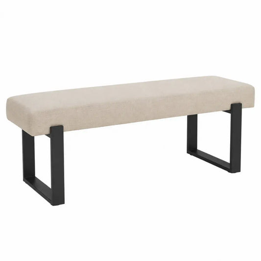 Banco tapizado en tejido de poliéster beige con estructura de acero negro 140 cm ancho 45 cm fondo 50 cm alto estilo moderno