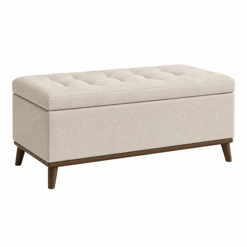 Banco rectangular tapizado en poliéster tipo lino beige claro con superficie capitoné y patas de madera marrón 120 x 40 x 45 cm