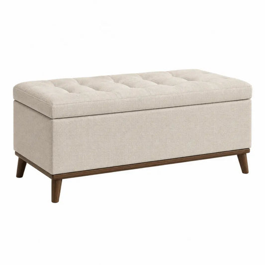 Banco rectangular tapizado en poliéster tipo lino beige claro con superficie capitoné y patas de madera marrón 120 x 40 x 45 cm