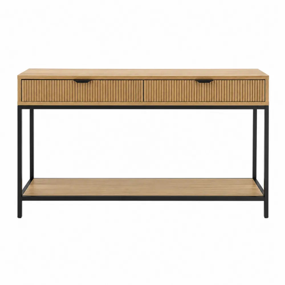 Mesa consola rectangular con dos cajones frentes ranurados estante inferior MDF efecto madera natural y acero negro 120 x 35 x 80 cm