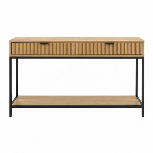 Mesa consola rectangular con dos cajones frentes ranurados estante inferior MDF efecto madera natural y acero negro 120 x 35 x 80 cm